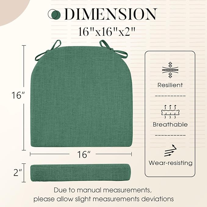 Basic Beyond Chair Cushions for Dining Chairs 4 Pack, Kitchen Chair Cushions with Ties and Non Slip Backing, 16 x 16 inches Chair Pads for Dining Chairs (Forest Green)