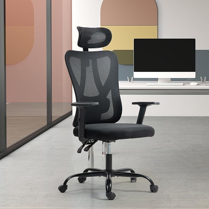 ECOTOUGE Ergonomic High Back Office Chair, Floor Chair with Back Support, Big and Tall Office Chair with Adjustable Headrest, Gaming Chair Mesh Home Office/Study Chair, Black