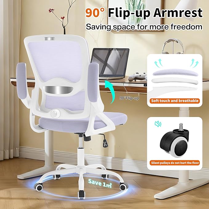 Ergonomic Office Chair,Mesh Office Chair with Lumbar Support,Mid Back Desk Chair with Flip-up Arms,400 lbs Comfy Computer Chair for Home Office (Pale Purple White)