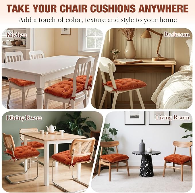Nuanchu Memory Foam Chair Cushions Set of 4, Thick Indoor Seat Cushions for Dining Chairs Tufted Seat Pads for Kitchen, Dining Room, Office,(Orange,16.5"x16.5"x4")