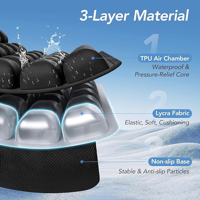 Travel Seat Cushion, 3D Air Inflatable Pressure Relief Cushion for Hemorrhoid and Tailbone Pain Relief, Optimal Support for Long Sitting in Car, Air Travel, Office Chairs, Home Living