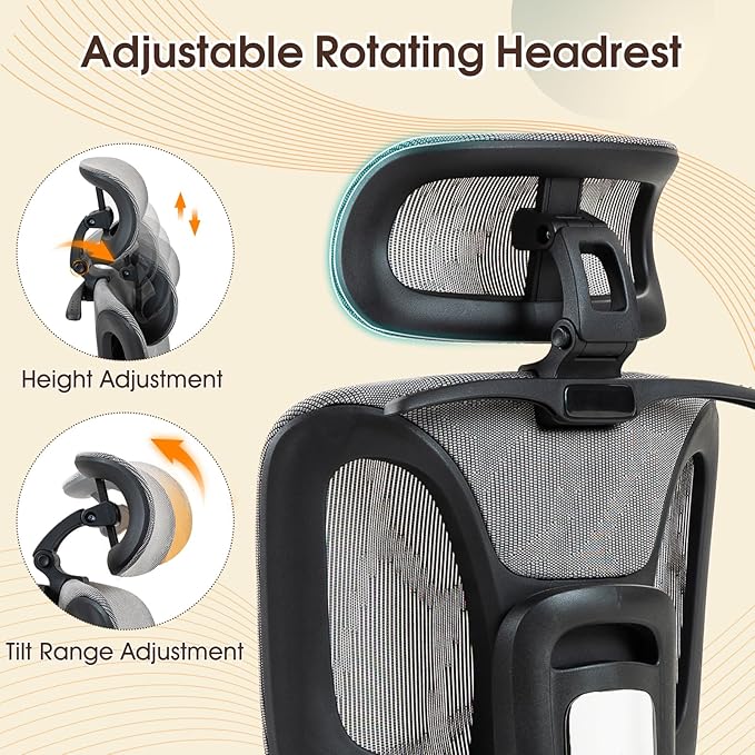 ECOTOUGE Ergonomic Office Chair, High Back Mesh Computer Chair with Lumbar Support, Adjustable Headrest & 3D Armrests, Reclining Desk Chair for Home, Gaming Chair for Adults, 330LBS Capacity, Grey