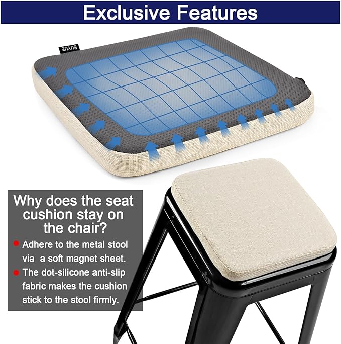 BUYUE Friendly Woven Fabric Magnetic Bar Stool Cushions Set of 4, Enhanced Anti-Slip Breathable Small Chair Seat Pads for Café Bistro Stackable Metal Stools (Square, Beige, 4 Counts)