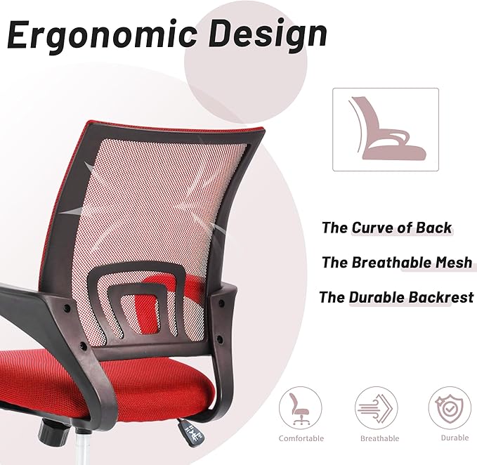 Office Chair,Work Chairs for Home Office,Ergonomic Desk Chair with Lumbar Support,Mesh Office Chair with Arm and Wide Comfortable Seat,Adjustable Rolling Office Chair,Red