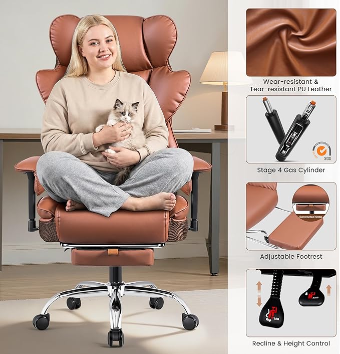 BESTFAIR Big and Tall Office Chair - 400 LBS Capacity Executive Chair with High Back & Footrest, Ergonomic Office Chair for Heavy People, Wide Padded Seat Computer Gaming Chair, Brown 2 Pack