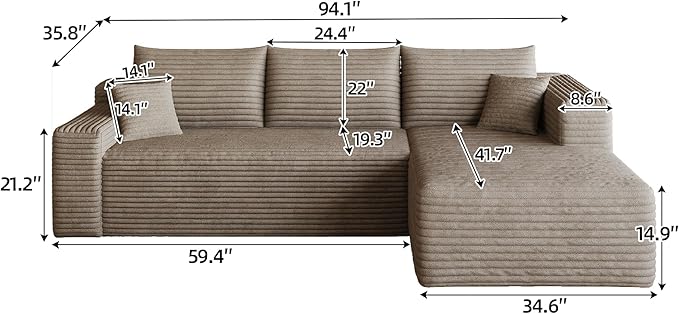 94" Camel Boneless Couch with Right Facing Chaise for Living Room, Corduroy L-Shaped Sectional Couches,Compressed Memory Foam Cloud Sofa,No Assembly Required,Camel