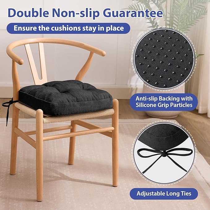 IASEAHK Chair Cushions for Dining Chairs, Dining Chair Cushions, Tufted Indoor Chair Pads with Ties & Non Slip Backing, Seat Cushions for Kitchen Chairs 16.5” x 16.5” x 3.5”, Set of 6, Black