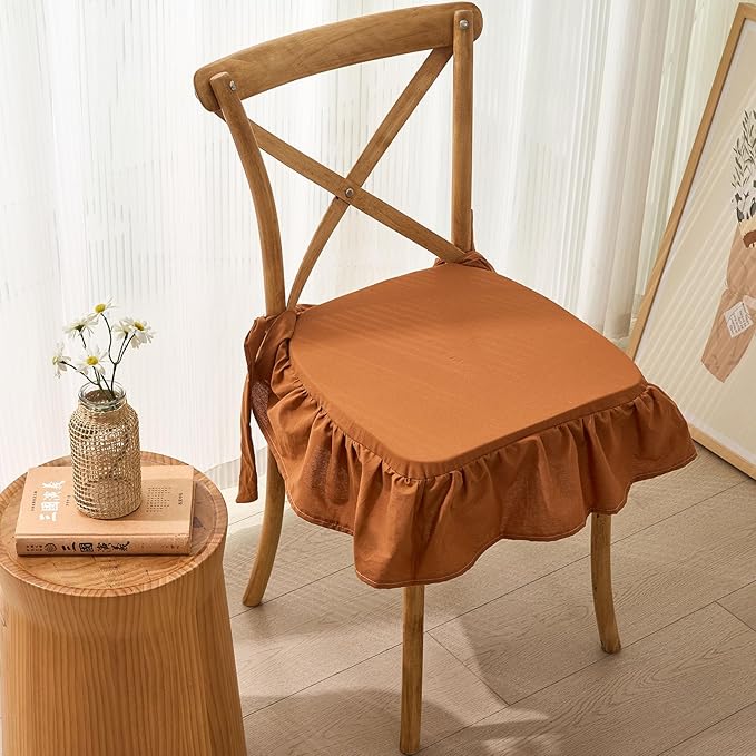 vctops Fall Cotton Ruffled Chair Cushion for Kitchen Dining Room Chairs Farmhouse Neutral Thin Seat Cushion Soft Foam Non Slip Chair Pad with Removable Cover (Orange,16"x16")