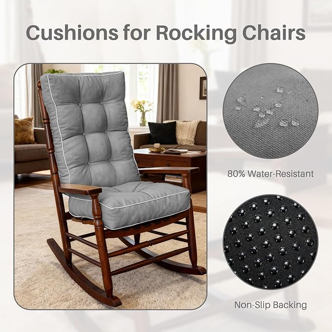 YZ HOME Rocking Chair Cushion, Set of Thicken Seat & Back Chair Cushions with Memory Foam, Non-Slip Chair Pad with Ties for for Indoor&Outdoor Rocker, Light Grey, 22x17x5/17x17x5