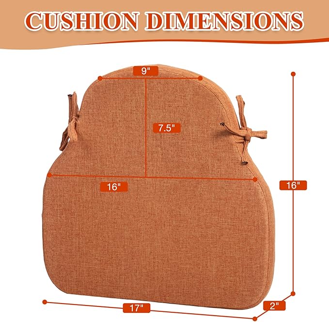 4 Pack Orange Winsor Chair Cushions with Ties, Dining Kitchen Chair Seat Pads Non Slip Removable Washable Cover 17"x16"