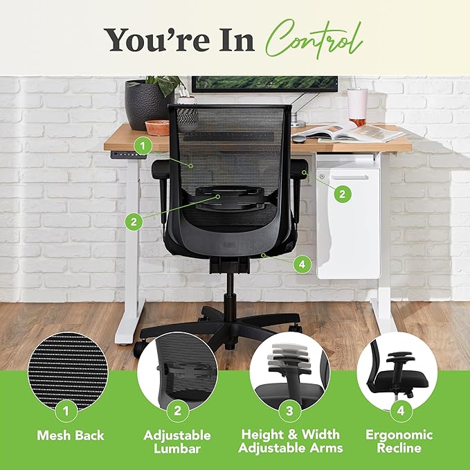HON Convergence Ergonomic Office Chair with Mesh Back, Vinyl Seat Cushion, Adjustable Arms, Lumbar Support, Synchro‑Tilt Swivel Desk Chair with Wheels for Home Office, Black Frame, Black