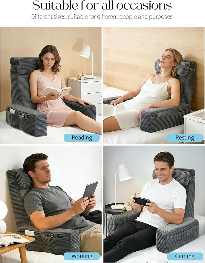 Seniny Reading Pillow for Bed Adult - 22" Back Support Pillow for Sitting Up Rest, Husband Bed Chair and Backrest Pillow with Arms, Lounge Sit Up Pillows for Dorm, Corner, Couch, Study, Watching TV