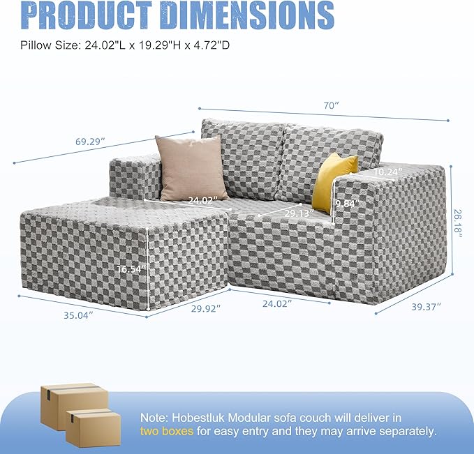 Hobestluk Modular Sectional Sofa Memory Foam Couch L Shape Sofa for Living Room Loveseat with Chaise Lounge Cloud Couch with Removable Cover (Plush Grey, Loveseat with Chaise)