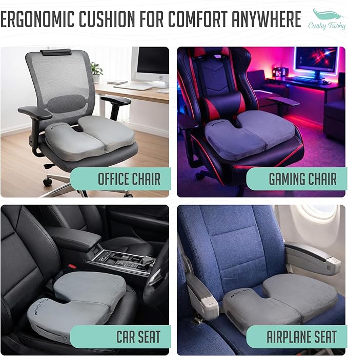 Cushy Tushy Premium Slim Foldable Travel Seat Cushion - for Relief of Lower Back, Sciatic, Butt and Tailbone Pain - for Home & Office Use, Perfect for Travel or Driving - Slim Coccyx Seat Cushion