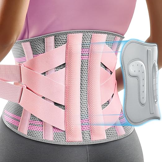 Rakiie Back Brace for Lower Back Pain Women with 9X Support System, Ergonomic Lumbar Support for Pain Relief, Breathable Mesh Design with 3D Silicone Pad for Sciatica, Sciatica, Pink Size L (Waist: 35.8"-43.7")