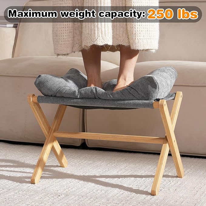 Baveke Folding Upholstered Footrest Stool, Small Accent Ottoman with Thick Cotton Cushion & Bamboo X Legs, Modern Padded Sofa Stool for Makeup Bedroom Living Room, Grey