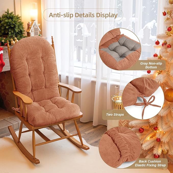 Rocking Chair Cushion - Corduroy Fabric, High-Density Sponge, Durable Comfort Non-Slip Bottom Tufted Seat Pads with Ties, Corduroy︱Brown, 44x19x4 inch