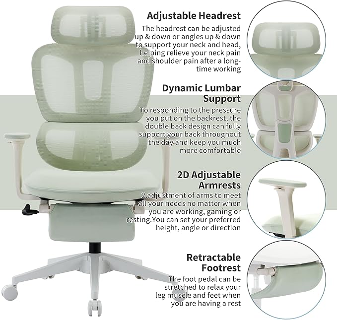 Ergonomic Office Chair with Footrest, 90-135° Reclining High Back Desk Chair with Lumbar Support, 2D Headrest, 2D Armrests, Computer Chair for Long Hours, Green