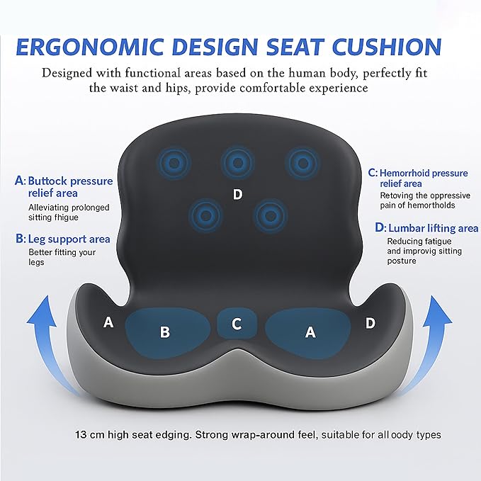 Premium Ergonomic Seat Cushion Set with Back Support, Non-Slip Base for Office Chair, Memory Foam Lumbar Pillow, Back Pain Relief, Car Seat (Dark Gray)