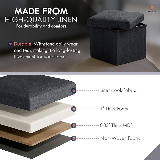 Ornavo Home Small Storage Ottoman, Set of 2 Foldable Collapsible Cube Square Linen Ottoman Foot Rest Stool Seat, for Living Room, Bedroom, Home Office, Dorm - 12 x 12 x 12, Black
