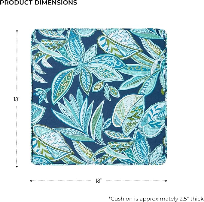 Outdoor 18 inch Square Patio Dining Chair Pads – Comfortable Fiber-Filled Seat Cushions with Ties, Reversible Polyester Fabric - Botanical Crestwood, Set of 2