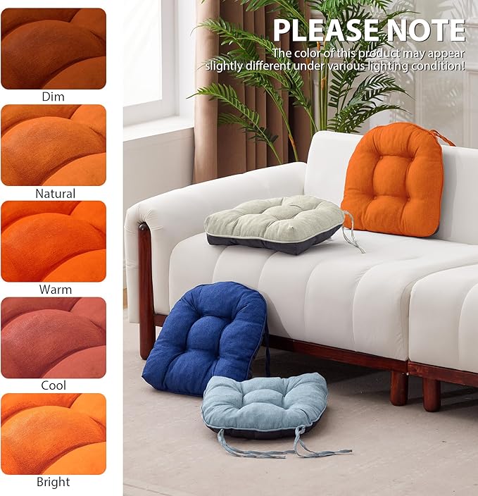 IASEAHK Chair Cushions for Dining Chairs, Seat Cushions for Kitchen Chairs, Indoor Seat Cushions with Ties, Tufted Foam Chair Pads, Non Slip Chair Cushions Set of 6, 15.5" x 15.5" x 4", Orange
