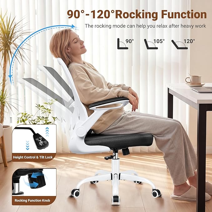 BESTFAIR Ergonomic Office Chair, Mesh Computer Chairs with Lumbar Support, Swivel Desk Chair with Flip-up Arms and Adjustable Height, White