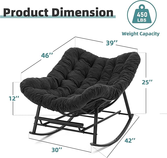 Oversized Rocking Chair Indoor with Foot Rest, Papasan Rocking Chair Outdoor, Lounge Chair with Cushion, Patio Egg Rocker Chairs, Comfy Reading Chairs for Living Room,Garden, Lawn, Dark Grey