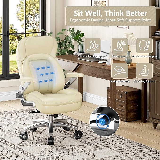 Big and Tall Office Chair, 600lbs Heavy Duty Desk Chair with 5D Arms, Adjustable Lumbar Support & Height, Tilt Function, PU Leather High Back Ergonomic Executive Computer Chair