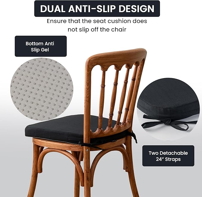 Battilo Chair Cushions for Dining Chairs with Ties, Kitchen Chair Pad with Non-Slip Backing and Removable Cover, Indoor/Outdoor Dining Seat Cushion, 16"x16"x2", Set of 4, Black