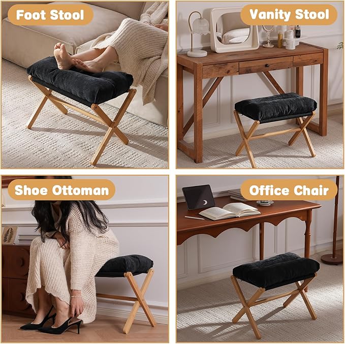 Baveke Ottoman Foot Rest- Bamboo Foldable Stool, Foot Stools Small Ottman with Upholstered & X Legs, Folding Stool for Makeup, Bedroom and Living Room (Black)