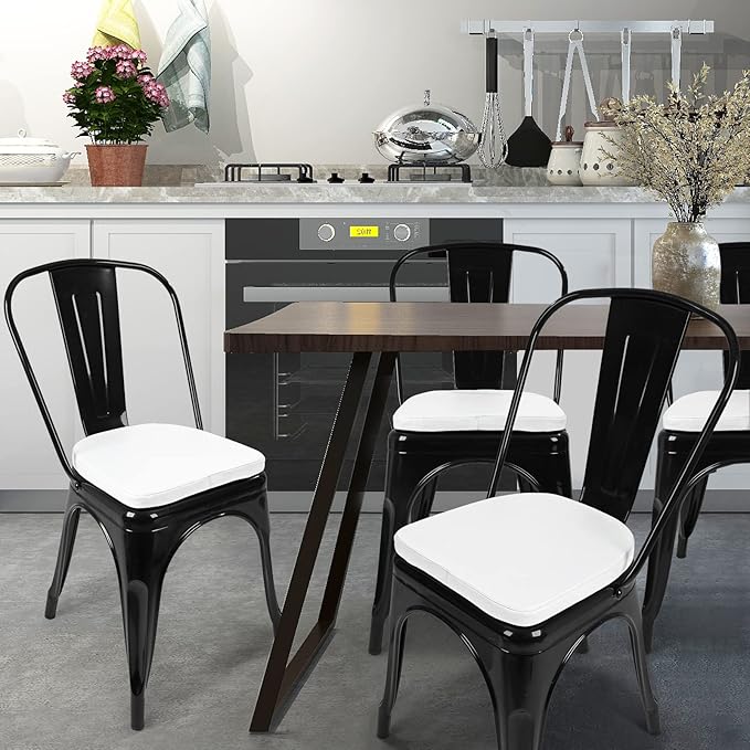 SINOSSO Modern Faux Leather 14" Metal Chair Cushions Set of 4, Leathaire Magnetic Chair Pads for Dining Kitchen Cafe Bistro Stackable Chairs (U-Shape, White, 4)