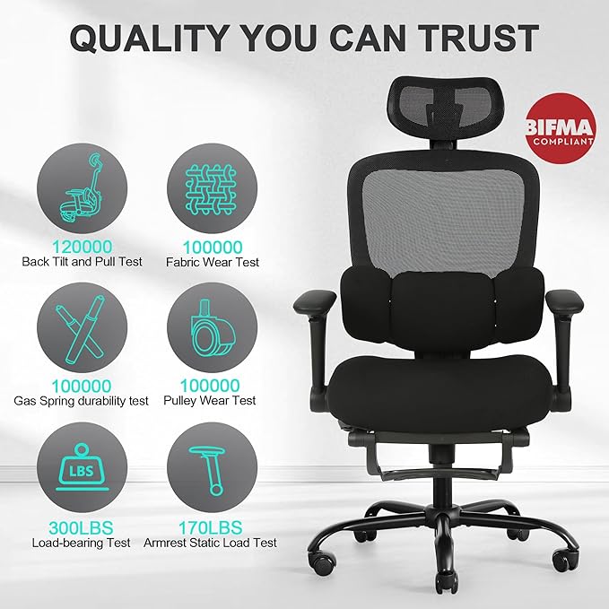 Ergonomic Office Chair with 4D Flip-Up Arms & Footrest, Mesh Desk Gaming Chair with 3D Headrest & 2D Floating Wing Lumbar Support, High Back Computer Chair for Home Office Vanity, Black