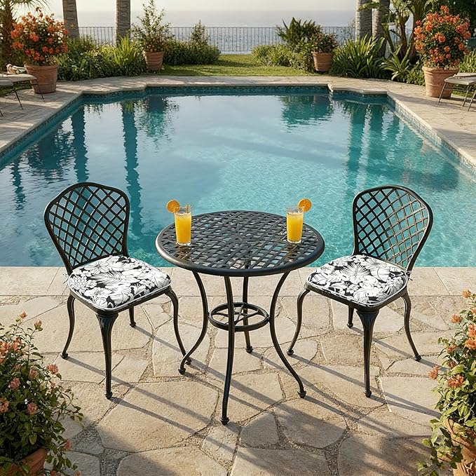 DYTXIII Set of 2 Outdoor Chair Cushions with Ties, Water Repellent Patio Chair Pads 17"x 16" for Outdoor Furniture, Round Corner Seat Cushions for Garden Yard Kitchen Tropical Blossom Noir