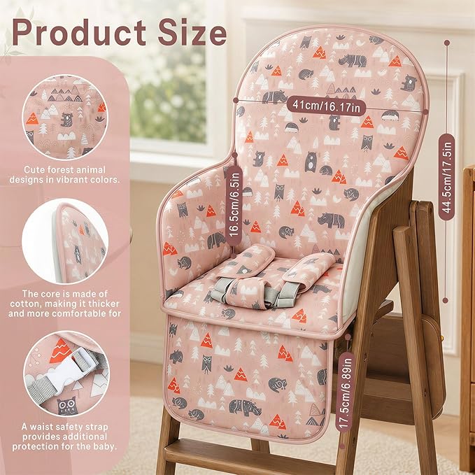 High Chair Pad, High Chair Cushion, Seat Cushion Breathable Pad, Cute Pattern,Comfortable Seat Belt Design, Soft and Comfortable, Baby Sits More Comfortable (Pink Animal Pattern)