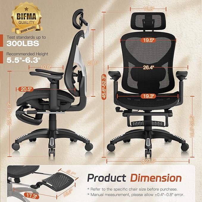 Ergonomic Home Mesh Chair with Footrest, Lumbar Height Adjustment & 215° Rotate Armrests, Recline Lock 90°–120°, High-Back Big and Tall Computer Chair, Heavy-Duty Office Chair, Black