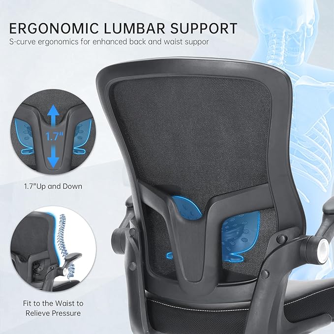 Office Chair, Ergonomic Desk Chair with Adjustable Lumbar Support Breathable Mesh Computer Swivel Chair with Flip up Armrests & PU Leather Cushion, Comfy Task Chair for Home Office, Black