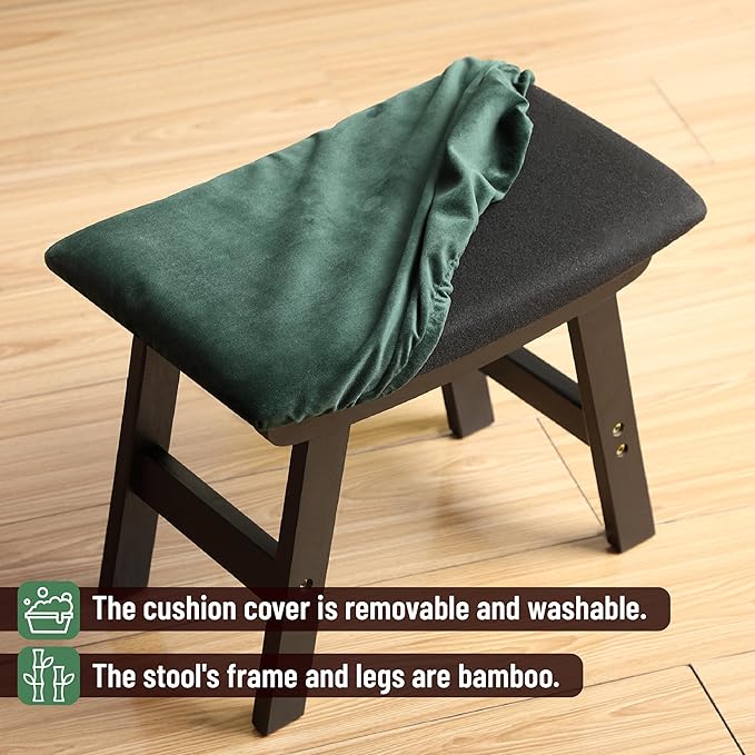 BAMBOO LAND- Bamboo Foot Stools Ottoman, Green Cushion & Black Wood Legs, Small Ottoman Foot Rest for Couch