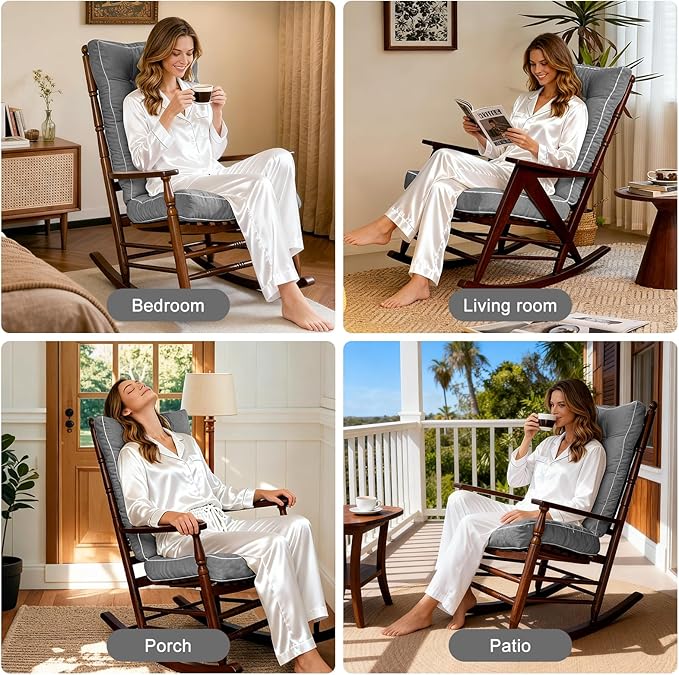 YZ HOME Rocking Chair Cushion, Set of Thicken Seat & Back Chair Cushions with Memory Foam, Non-Slip Chair Pad with Ties for for Indoor&Outdoor Rocker, Light Grey, 22x17x5/17x17x5