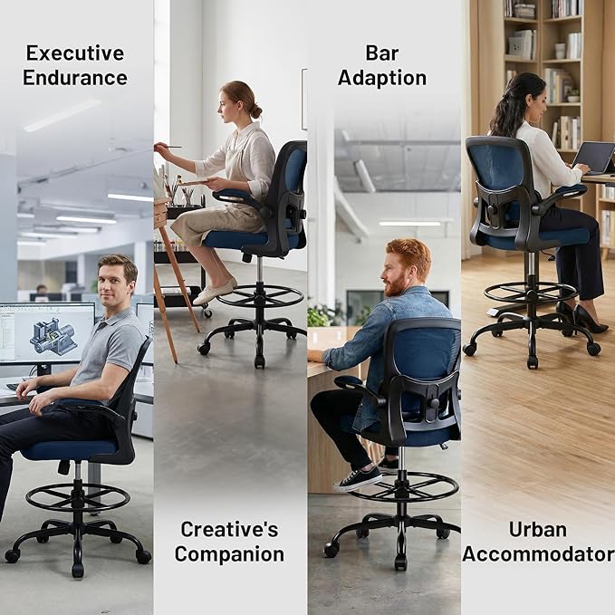 AreShark Drafting Office Chair - Ergonomic Tall Office Chair with Adjustable Footrest Ring - Counter Height Adjustable Rolling Standing Desk Chair with Lumbar Support and Flip-up Armrests for Home