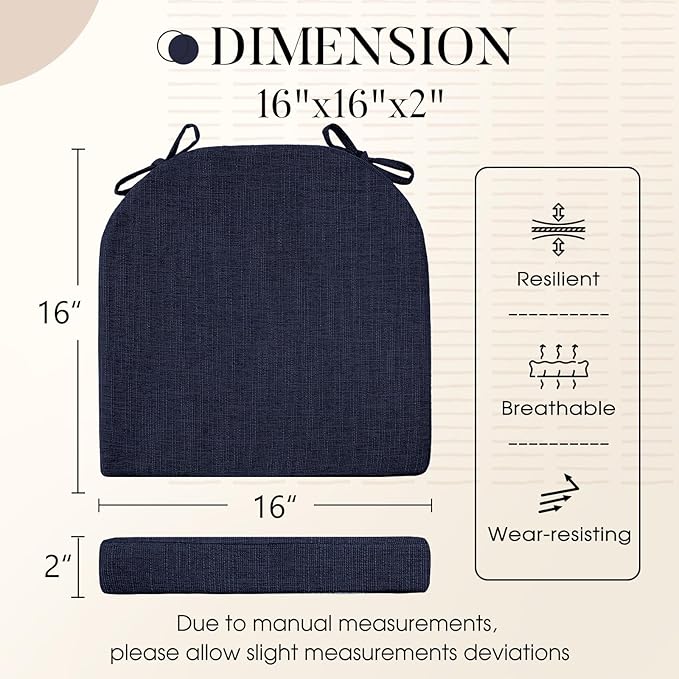 Basic Beyond Chair Cushions for Dining Chairs 4 Pack, Kitchen Chair Cushions with Ties and Non Slip Backing, 16 x 16 inches Chair Pads for Dining Chairs (Navy)
