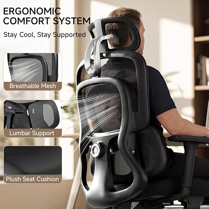 Ergonomic Office Chair with Footrest, 4D Armrests & Dynamic Lumbar Support, High Back Mesh Desk Chair with Adjustable Headrest, Reclining Computer Chair 380lbs for Long Hours (Black)