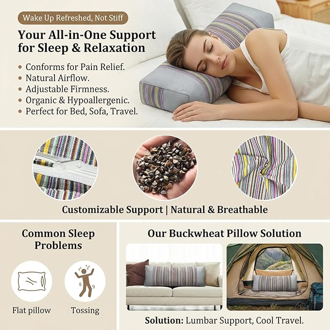 Adjustable Buckwheat Hull Pillow for Neck Pain Relief (21x8x4in) Natural Cooling Cervical Support Organic Pillow for Side & Back Sleepers with Night Sweats (Grey)
