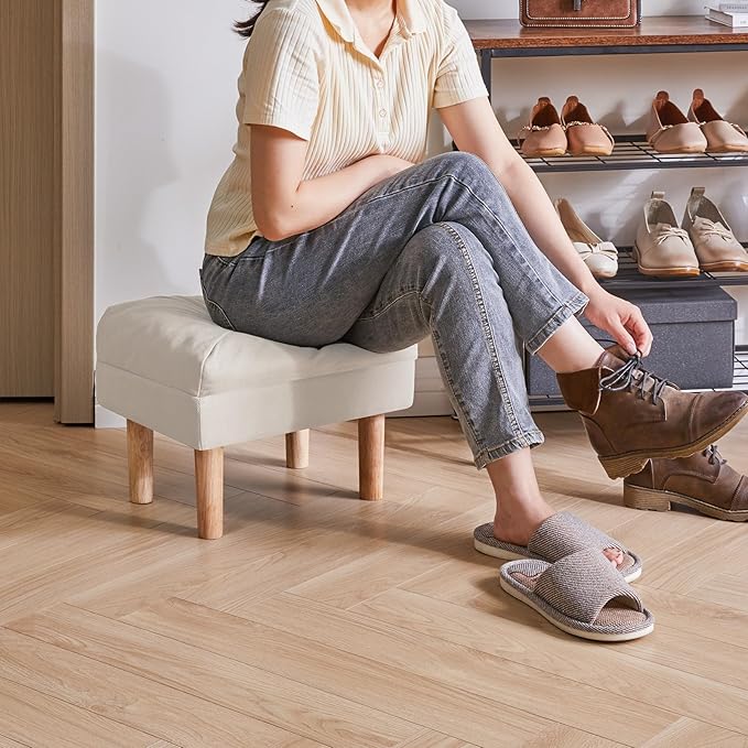YMYNY 15.75" Small Foot Stool Ottoman, Footrest with Sponge Soft Padded Seat, Cotton-Linen Blend Fabric Footstool for Sofa, Bedroom, Living Room, Entryway, Solid Wood Legs, Beige, UHBD023M