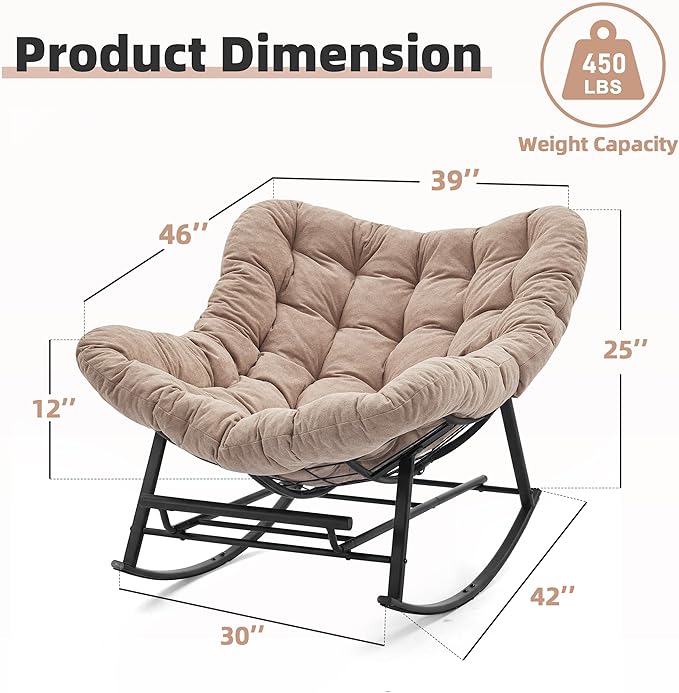 Oversized Rocking Chair Indoor with Foot Rest, Papasan Rocking Chair Outdoor, Lounge Chair with Cushion, Patio Egg Rocker Chairs, Comfy Reading Chairs for Living Room, Garden, Lawn, Khaki