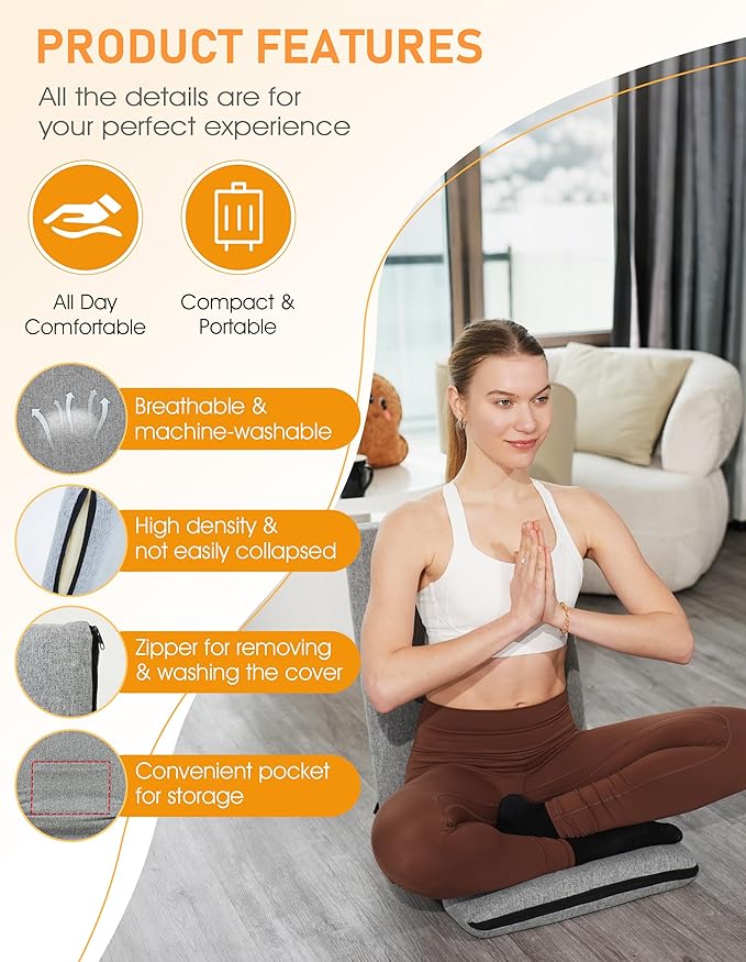 FASTMOMENT Floor Chair with Back Support Adjustable Meditation Chair with 14 Positions Portable Ground Seating for Adults Foldable Floor Seat for Meditation Yoga Reading (Thicker Sponge Version)