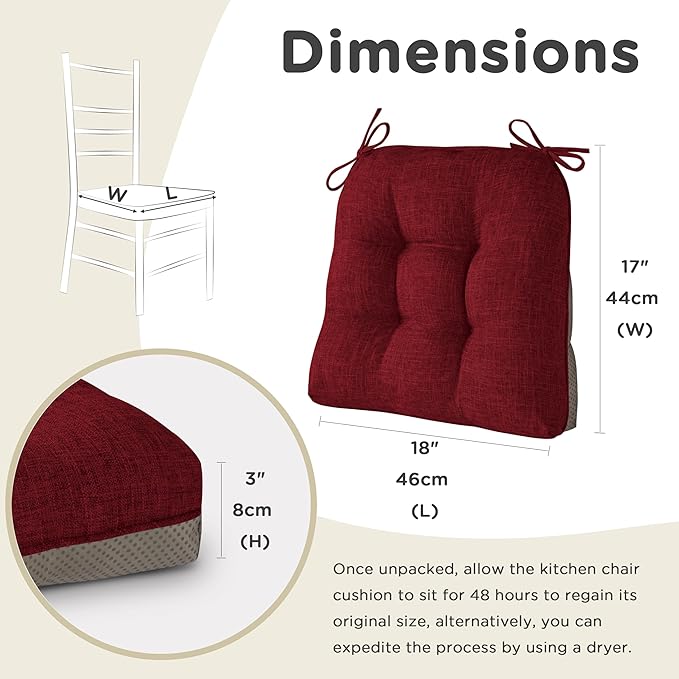 AddGrace Chair Cushions for Dining Chairs Set of 1 Kitchen Seat Cushions with Ties and Non Slip Backing Tufted Indoor Seat Pad for Kitchen Dining Room 18" x 17" x 3" Burgundy
