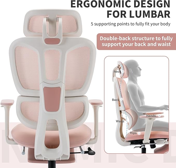 Ergonomic Office Chair with Footrest, 90-135° Reclining High Back Desk Chair with Lumbar Support, 2D Headrest, 2D Armrests, Computer Chair for Long Hours, Pink