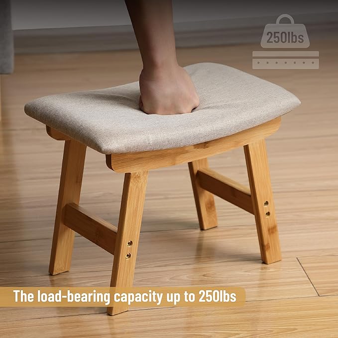 BAMBOO LAND- Bamboo Foot Stools Ottoman, Beige Cushion & Natural Wood Legs, Small Ottoman Foot Rest for Couch