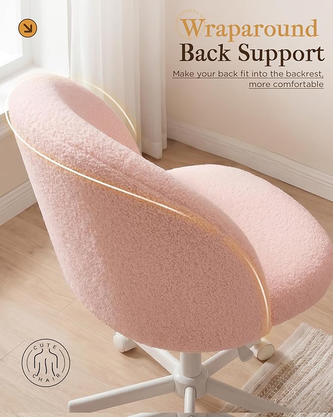 COMHOMA Vanity Chair with Wheels Velvet Tall Office Chair with Back,Armless Desk Chair Comfy Height Adjustable, Soft Lumbar Support for Girls Bedroom Home Vanity Bow Pillow for Gift Pink